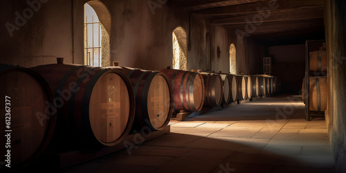 Wooden barrels in cellar of winery. AI generated. © tynza