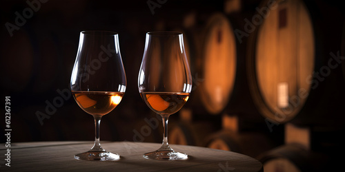 Aged golden fortified wine in the wine glass on background of wooden barrels in cellar of winery. AI generated.