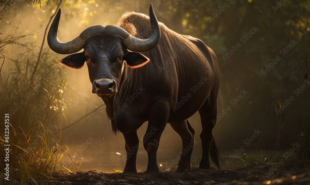 sunset photo of gaur (Bos gaurus) in its natural habitat. Generative AI