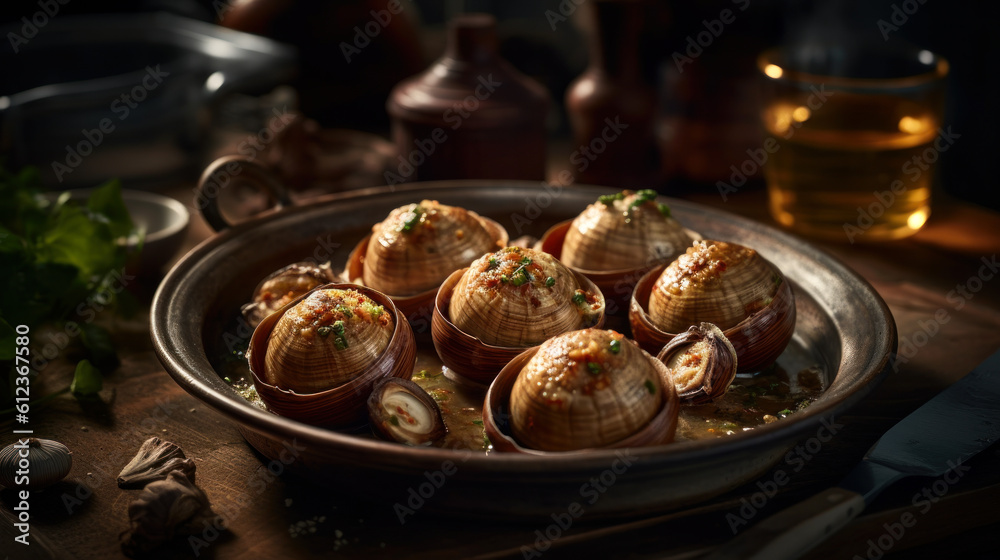 Indulge in the Rich Flavors of Escargots De Bourgogne, food photography. Generative AI Indulge in the Rich Flavors of Escargots De Bourgogne, food photography. Generative AI