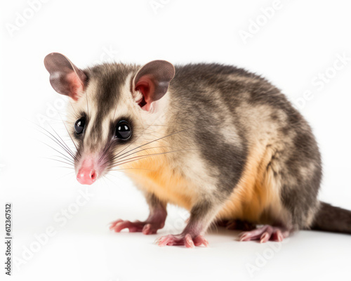 photo of brown four-eyed opossum isolated on white background. Generative AI