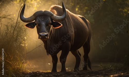 sunset photo of gaur  Bos gaurus  in its natural habitat. Generative AI
