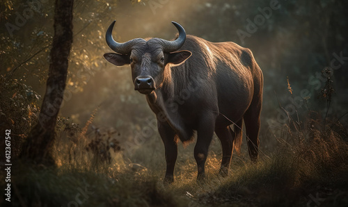 photo of gaur (Bos gaurus) on a forest path at golden hour sunset. Generative AI © Bartek