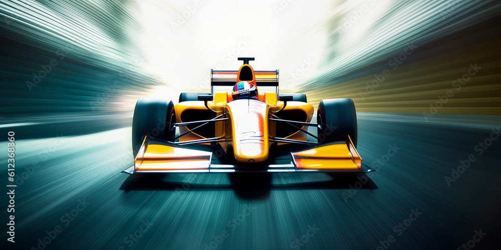 Speeding Adrenaline Rush: Racing car is riding towards finish line with high speed. F1 Champion concept Generative AI