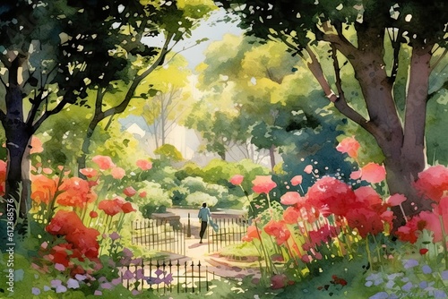 A tranquil garden in bloom watercolor illustration - Generative AI.