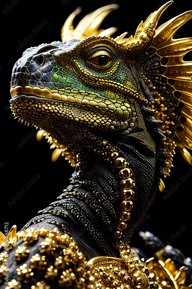 Fototapeta premium Modern reptile Iguana with jewels, abstract art . Generative ai