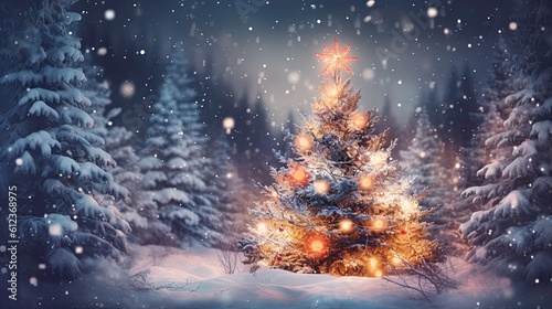 Winter snowy forest with Christmas tree decorated with lights