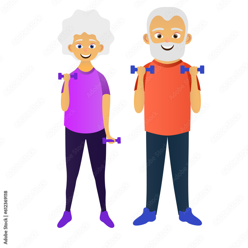 Old man and woman doing fitness exercises with dumbbells together. Elderly people active lifestyle. Illustration on transparent background