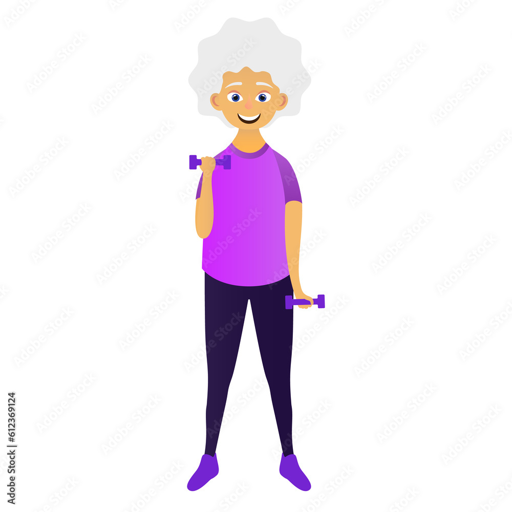 Happy old women dressed in sports clothing doing fitness exercises with dumbbells. Cute grandmother. Active elderly man. Cartoon character. Illustration on transparent background Happy old women dressed in sports clothing doing fitness exercises with dumbbells. Cute grandmother. Active elderly man. Cartoon character. Illustration on transparent background