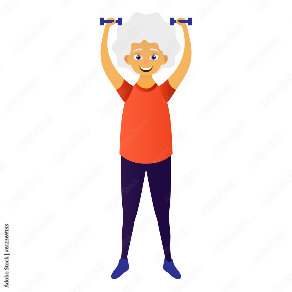 Happy old women dressed in sports clothing doing fitness exercises with dumbbells. Cute grandmother. Active elderly man. Cartoon character. Illustration on transparent background Happy old women dressed in sports clothing doing fitness exercises with dumbbells. Cute grandmother. Active elderly man. Cartoon character. Illustration on transparent background