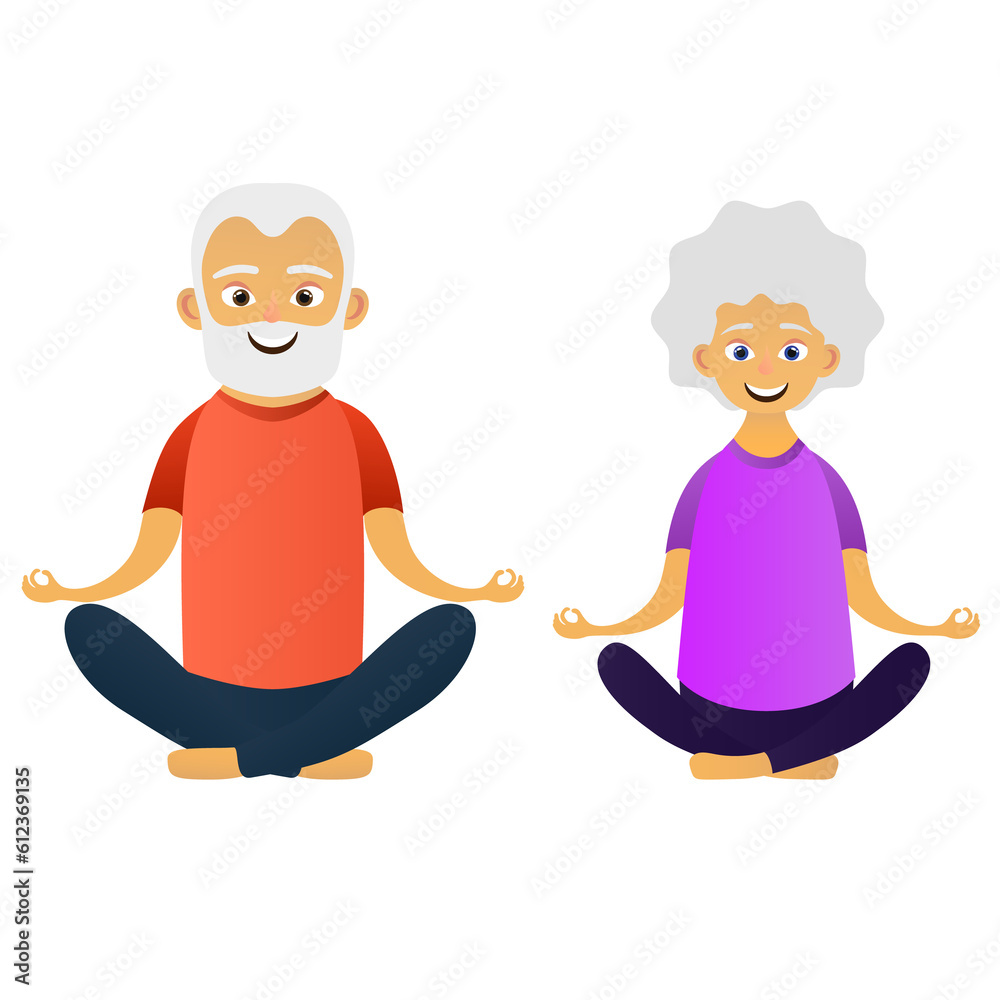 Happy old couple dressed in sports clothing practicing yoga exercises. Cute grandmother and grandfather. Active elderly man. Cartoon character. Illustration on transparent background Happy old couple dressed in sports clothing practicing yoga exercises. Cute grandmother and grandfather. Active elderly man. Cartoon character. Illustration on transparent background