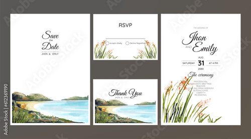 wedding invitation suite with watercolor romantic beach and mountains landscape