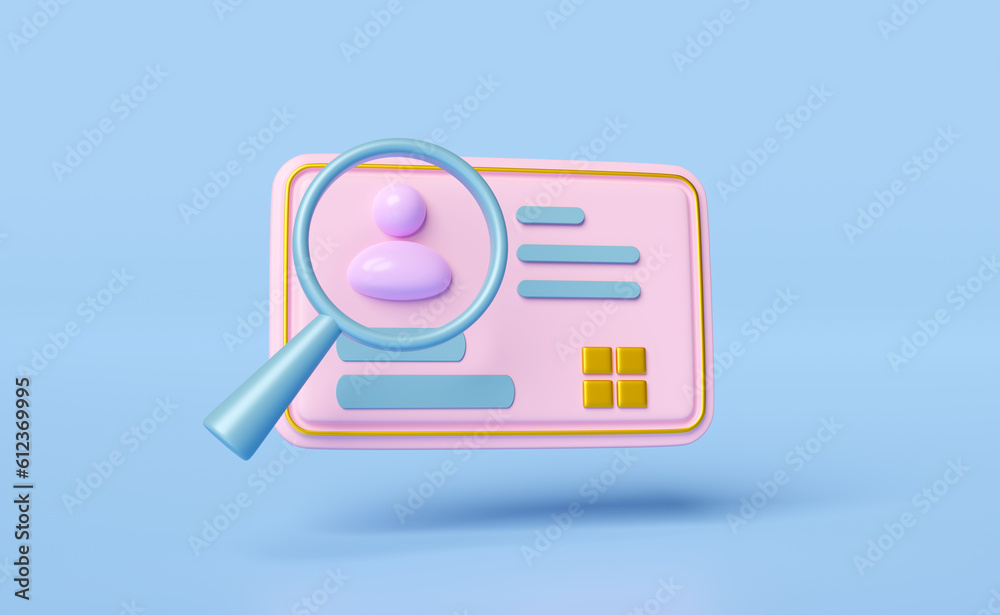 3d Id card icon with magnifying glass isolated on blue background. human resources, plastic card, Job search, verify identity concept, 3d render illustration 3d Id card icon with magnifying glass isolated on blue background. human resources, plastic card, Job search, verify identity concept, 3d render illustration