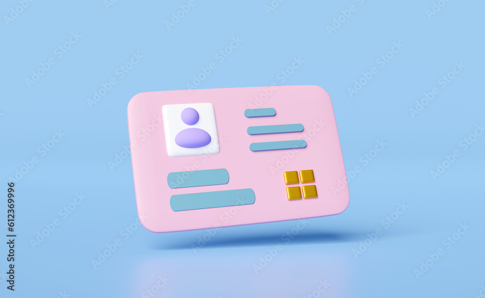 3d Id card icon isolated on blue background. human resources, plastic card, Job search, verify identity concept, 3d render illustration 3d Id card icon isolated on blue background. human resources, plastic card, Job search, verify identity concept, 3d render illustration