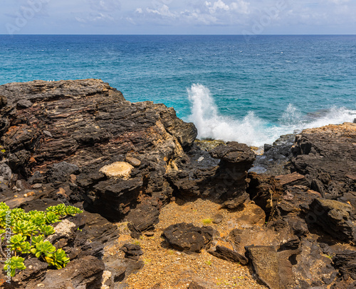 The Volcanic Shoreline of Keoneloa Bay Near Makahuena Point, Keoneloa Bay Trail, Poipu, Koloa, Kauai, Hawaii, USA photo