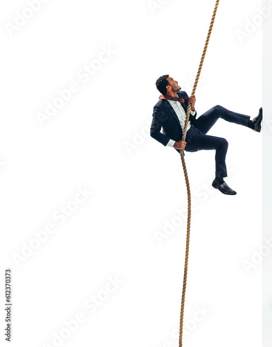Persistent businessman climbing up a rope on a transparent background