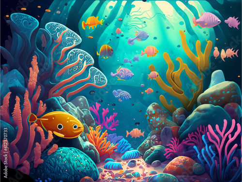 Whimsical underwater world filled with vibrant marine life and coral reefs created with generative AI technology