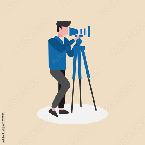 A photographer or videographer capturing content with camera and tripod.Cameraman standing with professional camera.A photojournalist take content on isolated background.Vector illustration.