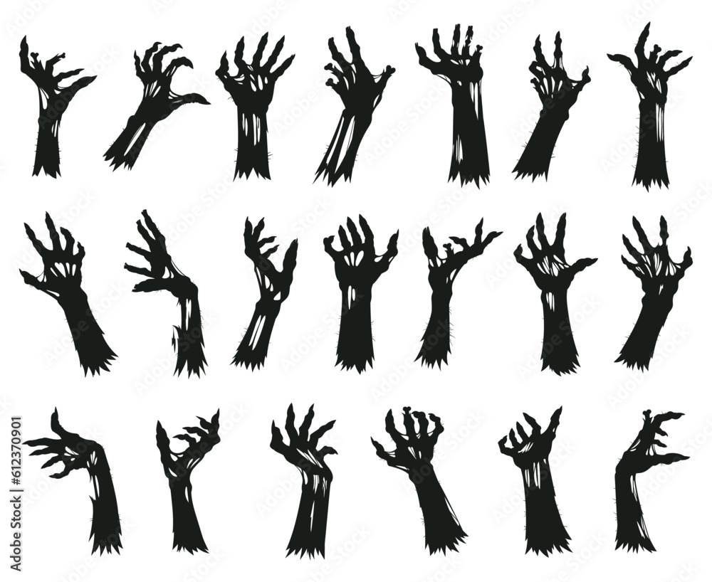 Zombie arms silhouettes. Halloween spooky monsters creepy hands flat ...