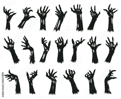 Zombie arms silhouettes. Halloween spooky monsters creepy hands flat cartoon vector illustration set. Horror halloween scary arm collection