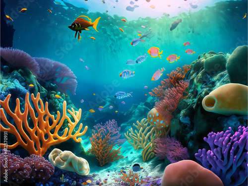 A whimsical underwater world filled with vibrant marine life and coral reefs created with generative AI technology