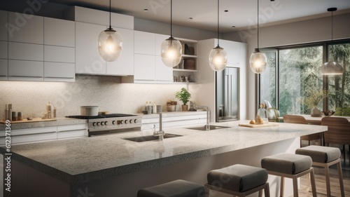 Modern luxury white kitchen. Large kitchen island with marble countertops and bar stools  luxurious chandeliers  expensive kitchen appliances  large windows with garden view. Generative AI