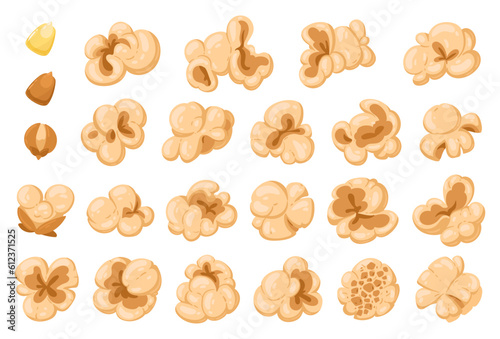 Cartoon popcorn. Popping corn with salty or sweet flavour, tv or movie watching snack flat vector illustration set. Popcorn shapes collection
