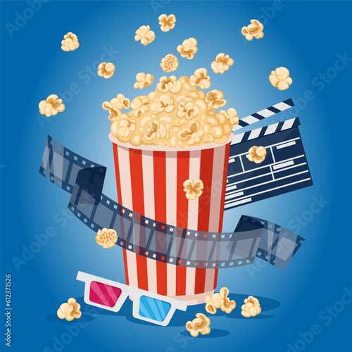 Popcorn cinema poster. Popping corn striped paper cup and cinema tape, movie theatre flat vector background illustration. Cinema flyer
