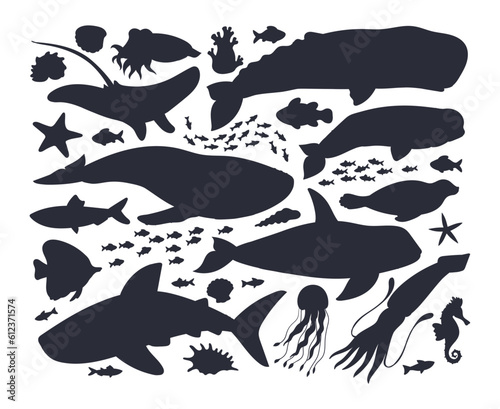 Ocean animals silhouettes. Underwater life fauna, whale, orca and dolphin, sea creatures, seal, stingray and narwhal flat vector illustrations set