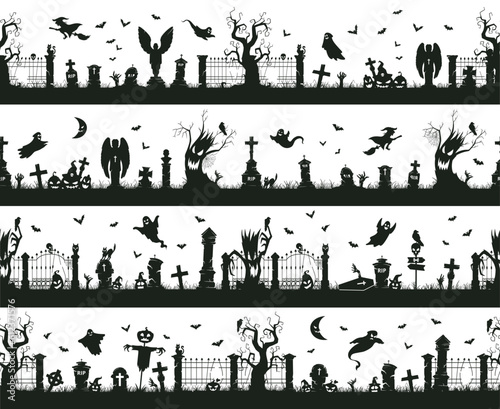 Halloween seamless borders. Creepy halloween decorations, spooky cemetery grave stones with crosses and scary trees flat vector illustration set. Sinister landscape silhouettes