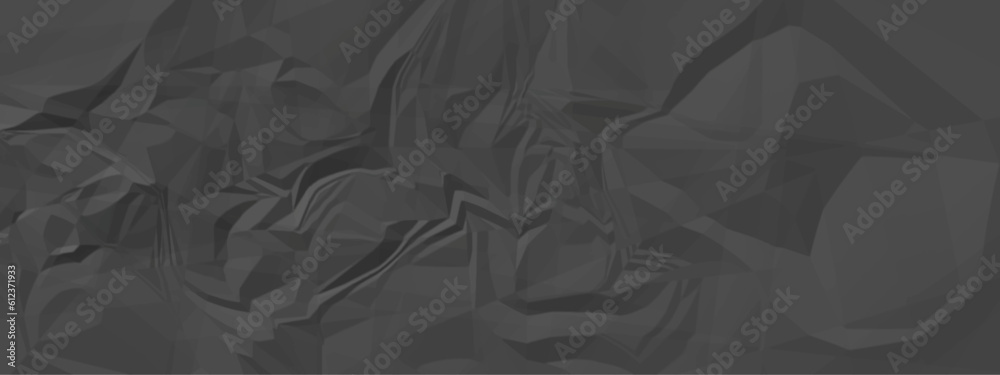 Black crumpled paper texture with folds, black background, wallpaper. Natural abstract textured background of wrinkled black paper.