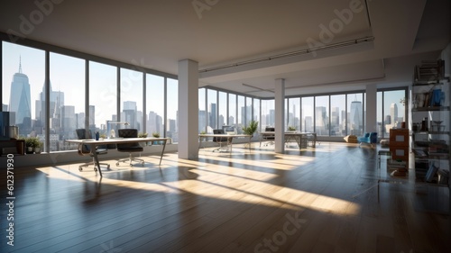 Loft-style open space office with floor-to-ceiling windows and city views. Light concrete walls and wooden floors  large tables  comfortable chairs  desktop computers  plants in floor Generative AI