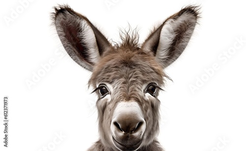 Smiling cheerful donkey on a white background. Generative AI.