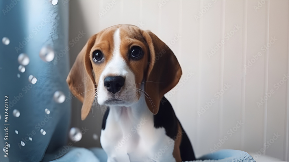 Portrait cute beagle in bathtub with foam and soap bubbles. pets grooming and cleaning concept. copy space. Generative AI