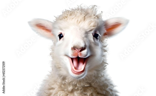Smiling cheerful goat on a white background. Generative AI.
