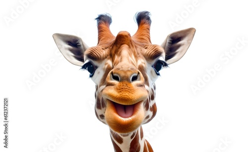 Smiling cheerful giraffe on a white background. Generative AI.