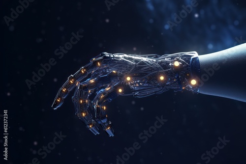 Bionic robot arm. Cyborg metal hand on a blurred blue background. AI Humanoid. Robotics and 3D visualization technologies. Copy space. Generative AI