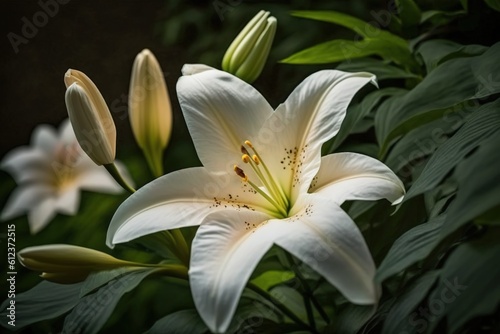 One white lily in a flowerbed in a botanical garden, up close and personal. Generative AI photo