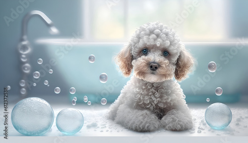 Portrait cute Maltipoo in bathtub with foam and soap bubbles. pets grooming and cleaning concept. Generative AI