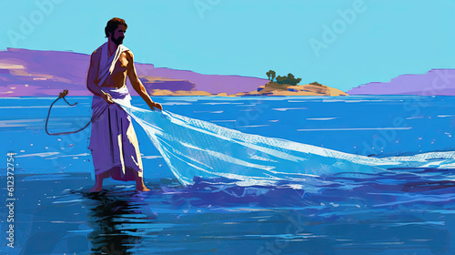 Colorful painting art portrait of the apostle Peter cleaning his fishing net. Christian illustration.
