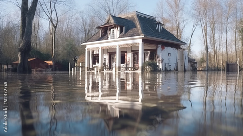 Flooded pavilion house in middle of water created using generative AI