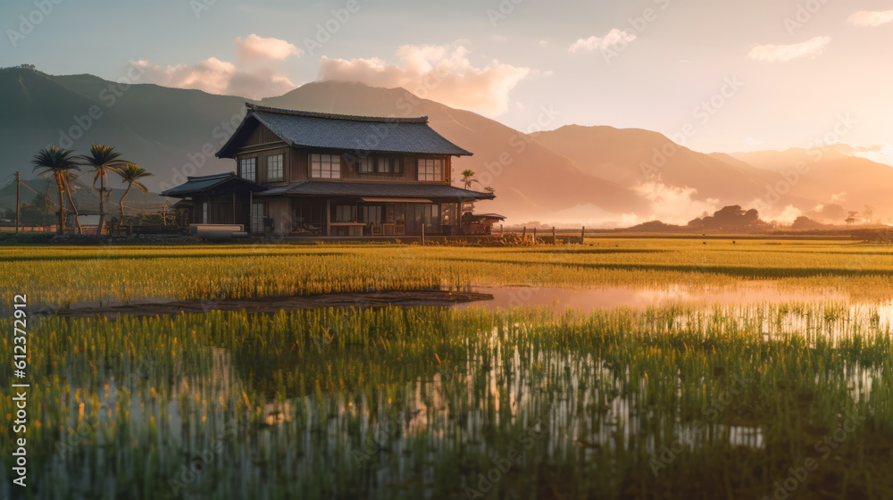 Fototapeta premium Traditional japanese style house in middle of rice field and mountains in background with dramatic sunset light created using generative AI