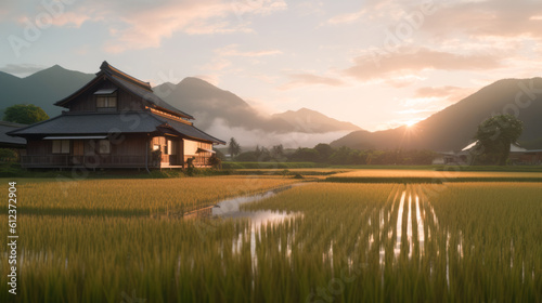 Traditional japanese style house in middle of rice field and mountains in background with dramatic sunset light created using generative AI