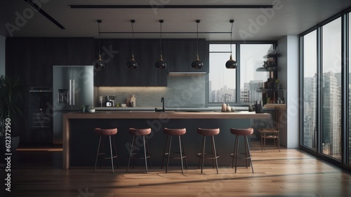 Modern kitchen with breakfast bar. Wooden floors, gray walls and facades, a bar counter with bar stools, floor-to-ceiling windows with city views. 3d rendering. Generative AI