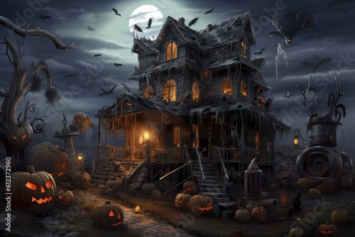 Eerie littered with all sorts of junk, terrible pumpkins and mutilated birds Halloween Horror house.