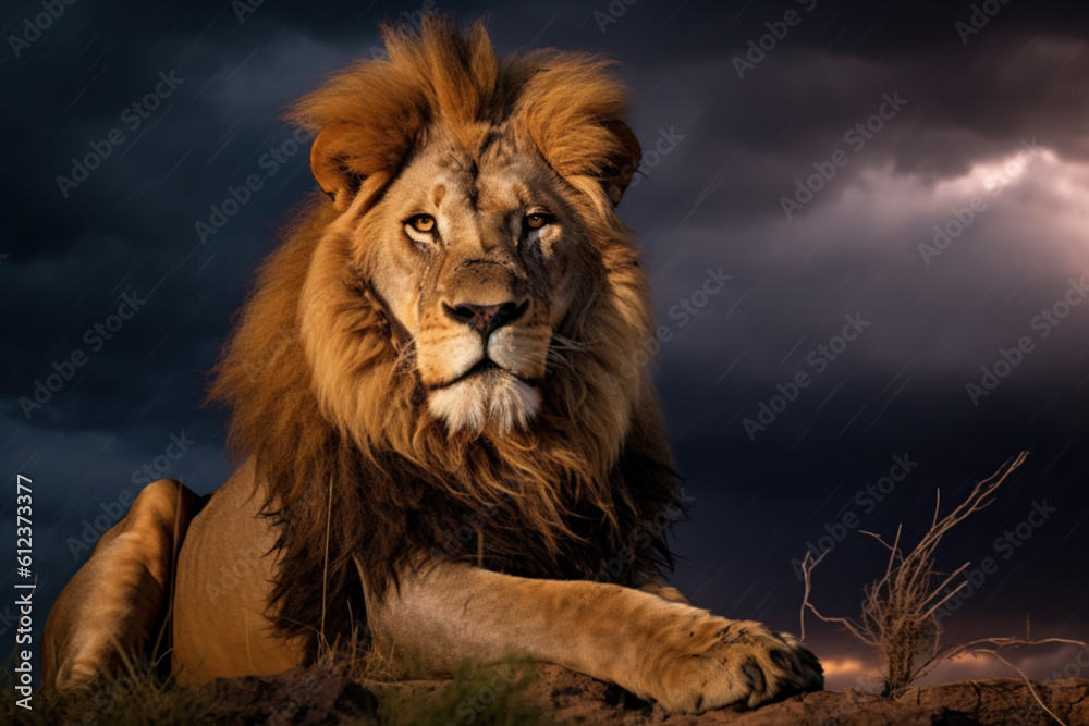 African lion majestically sitting in the vast savannah under a dramatic Lightning storm in the sky. Generative AI.