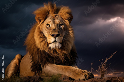 African lion majestically sitting in the vast savannah under a dramatic Lightning storm in the sky. Generative AI.