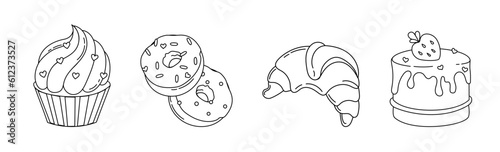Cakes Ice cream Desserts Set of drawings Vector black and white illustration Isolated on a white background