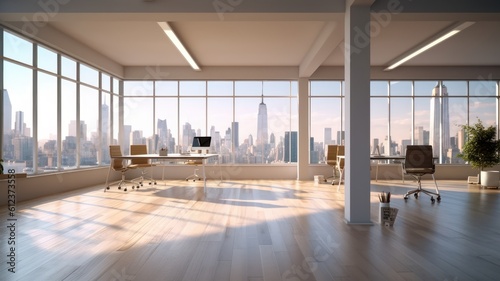 Loft-style open space office with floor-to-ceiling windows and city views. Light concrete walls and wooden floors, large tables, comfortable chairs, desktop computers, plants in floor Generative AI © Georgii
