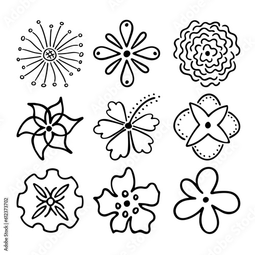 Sketch doodle outline flowers. Hand drawn drawing of plant buds during flowering. Petal silhouettes. Isolated vector.